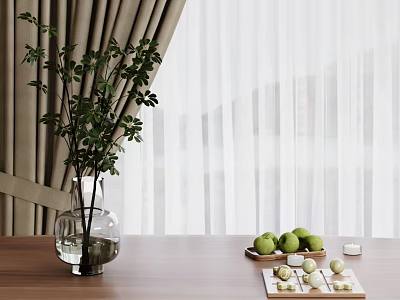 Glass Vase With Green Plants On Wooden Table Near Curtains And Tray Holding Green Apples 3d model