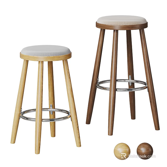 Modern Wooden Bar Stools With Upholstered Seats And Metal Footrest Rings 3d model 