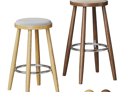 Modern Wooden Bar Stools With Upholstered Seats And Metal Footrest Rings 3d model