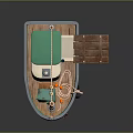 Colorful Small Model Boat With Green Top White Pink Bottom Wooden Plank Tire Crate Lanterns