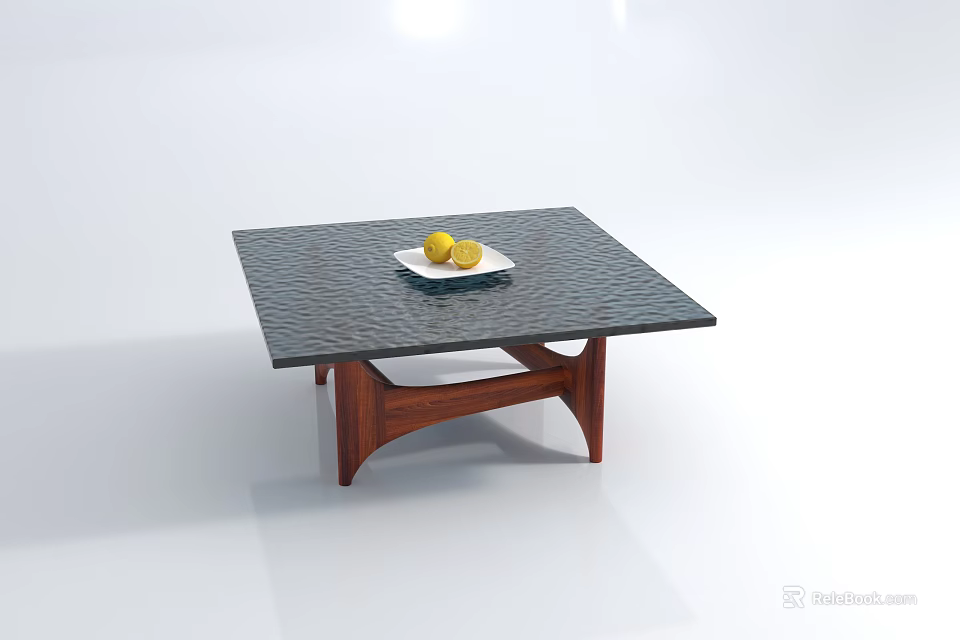 Modern Square Coffee Table with Wooden Legs Marble Top and Lemon Plate 3d model 