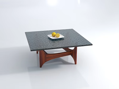 Modern Square Coffee Table with Wooden Legs Marble Top and Lemon Plate 3d model