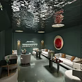 Modern Bar Interior With Circular Lighting Bottle Filled Walls Central Counter Stools And Sofa Seats