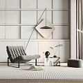 Gray Quilted Single Sofa With Metal Frame Ottoman Side Table And Modern Pendant Light 3d model