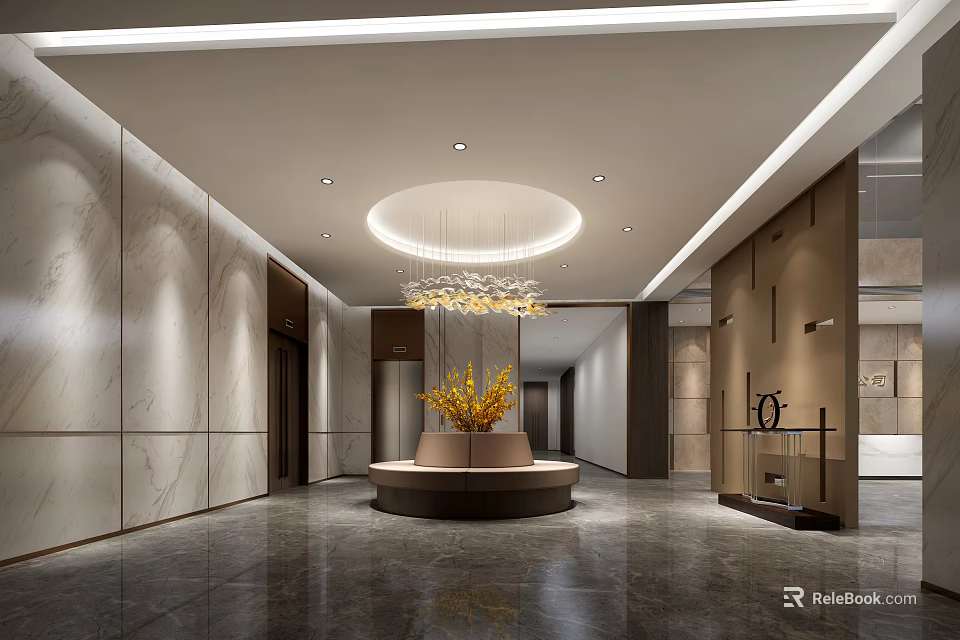 Modern Elevator Hallway With Marble Walls Circular Table And Yellow Flowers Chandelier 3d model 