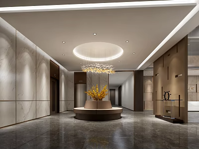 Modern Elevator Hallway With Marble Walls Circular Table And Yellow Flowers Chandelier 3d model