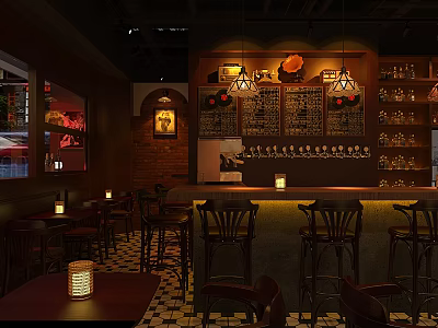 Cozy Bar Interior Design With Brick Walls Wooden Counter High Stools And Pendant Lights 3d model