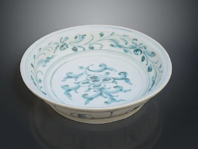 Traditional Blue and White Porcelain Plate Showcasing Exquisite Carved Floral Patterns 3d model