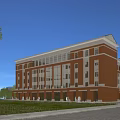 School Building with Orange Brown Bricks Green Lawn Trees and People Walking Under Blue Sky