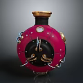 Vintage Red Wine Bottle with Gold Lid Black Middle Part and Metal Chain Decorations