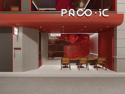 Stylish Paco ic Store Entrance with Red Facade and Wooden Chairs 3d model