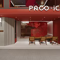 Stylish Paco ic Store Entrance with Red Facade and Wooden Chairs