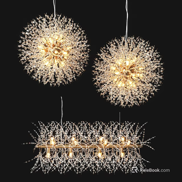 Three Modern Dandelion Shaped Chandeliers Illuminated With Delicate Crystal Like Details 3d model 