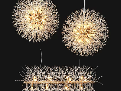 Three Modern Dandelion Shaped Chandeliers Illuminated With Delicate Crystal Like Details 3d model