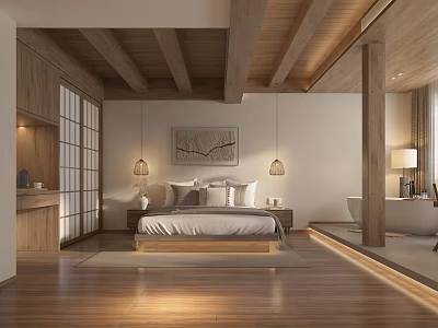 Hotel Guest Room Interior With Wooden Beams Flooring Bed Pillows Pendant Lights And Bathtub 3d model