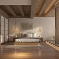 Hotel Guest Room Interior With Wooden Beams Flooring Bed Pillows Pendant Lights And Bathtub