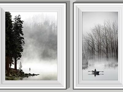 Misty Lakeside Landscape Paintings With Forest Figures And Rowing Boat Scenes 3d model