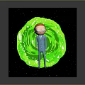 Cartoon Character In Blue Suit Standing With Green Vortex Creature Against Starry Background
