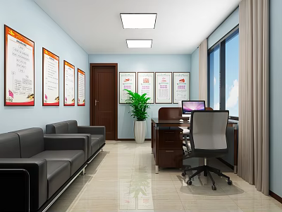 Modern Office Interior With Light Blue Walls Orange Framed Posters Dark Wooden Door Green Plant 3d model