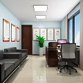 Modern Office Interior With Light Blue Walls Orange Framed Posters Dark Wooden Door Green Plant