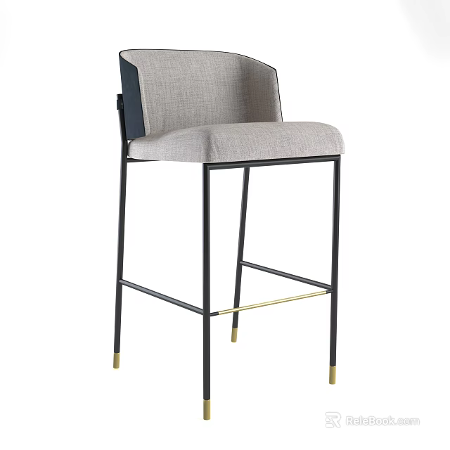 Modern Light Gray Upholstered Bar Stool With Black Metal Frame And Golden Feet 3d model 