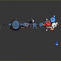 Cartoon Style Characters And Creatures Including Robots Deer Like Figure Small Bots And Umbrella Character