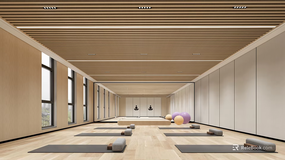 Spacious Yoga Studio With Wooden Ceiling Large Windows Yoga Mats And Balls For Fitness Practice 3d model 