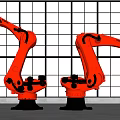 Two Orange Industrial Robotic Arms in Modern Factory Setting for Automation Manufacturing