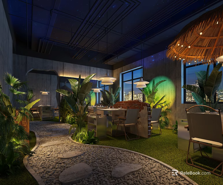 Eco Friendly Restaurant Interior With Lush Plants Grass Flooring And Stone Path 3d model 