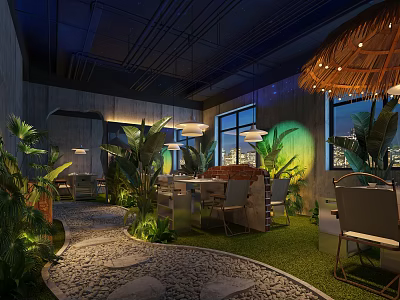 Eco Friendly Restaurant Interior With Lush Plants Grass Flooring And Stone Path 3d model