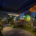Eco Friendly Restaurant Interior With Lush Plants Grass Flooring And Stone Path