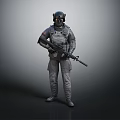 A Man In Police Tactical Gear With Helmet Mask Holding Rifle Against Gray Background