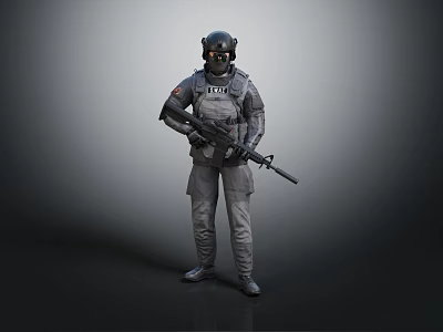 A Man In Police Tactical Gear With Helmet Mask Holding Rifle Against Gray Background 3d model