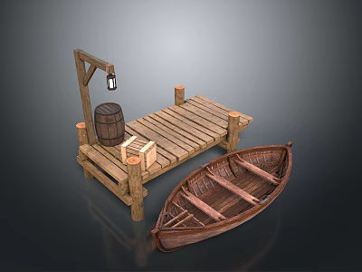 Rustic Wooden Dock with Barrel Crate Lantern and Small Boat 3d model