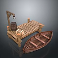 Rustic Wooden Dock with Barrel Crate Lantern and Small Boat 3d model