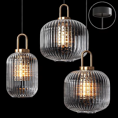 Three Modern Ribbed Glass Pendant Lights With Golden Metal Frames And Warm Glow 3d model