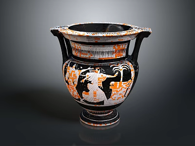 Ancient Greek Amphora Sculpture With Black And Orange Figural Carvings And Decorative Patterns 3d model