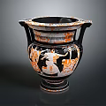 Ancient Greek Amphora Sculpture With Black And Orange Figural Carvings And Decorative Patterns