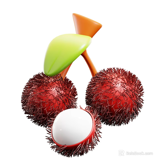Fresh Rambutan Fruits With Spiky Red Skin Peeled White Flesh And Green Leaf 3d model 