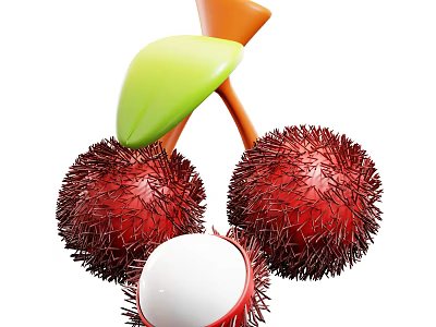 Fresh Rambutan Fruits With Spiky Red Skin Peeled White Flesh And Green Leaf 3d model