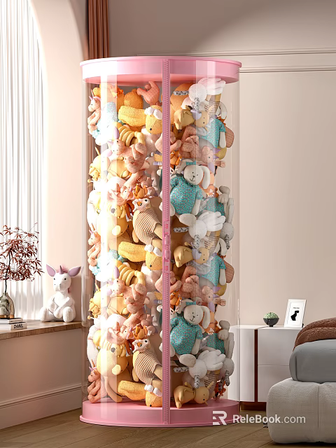 Clear Hanging Storage Basket Filled With Colorful Stuffed Toys In Children's Room 3d model 