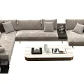Modern Light Gray Sectional Sofa With Dark Brown Throw Pillows And Coffee Table Decor 3d model