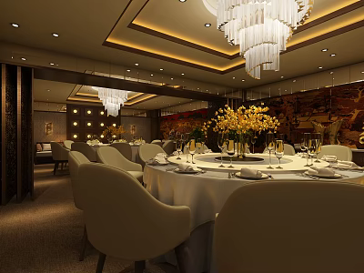 Elegant Private Dining Room Interior With Round Table White Tablecloth Tableware Yellow Flowers And Chandelier 3d model
