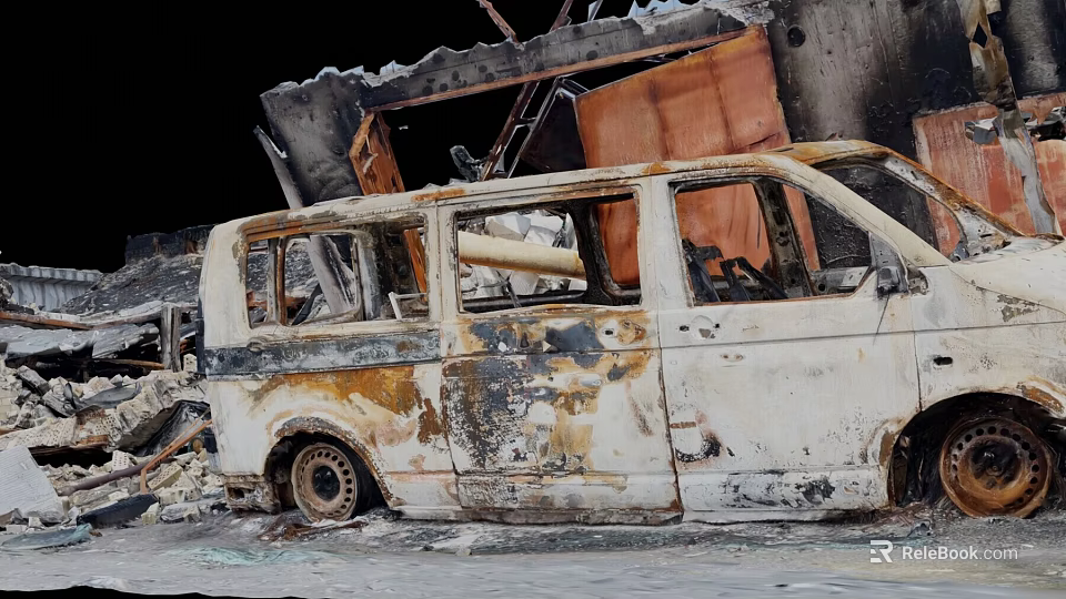 Burned Charred Van Wreckage In Fire Damaged Building Debris Scene 3d model 