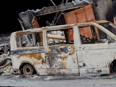 Burned Charred Van Wreckage In Fire Damaged Building Debris Scene 3d model