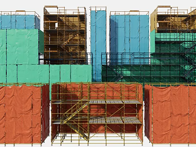 Industrial Scaffolding Equipment With Metal Frames And Different Colored Protective Nets On Construction Site 3d model