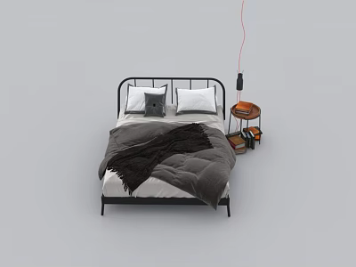 Double Bed with Black Metal Frame White Pillows Gray Blanket and Bedside Table Lamp 3d model