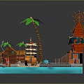 Modern Tropical Scene With Wooden Buildings Palm Trees Wooden Bridge Boat And Water Area