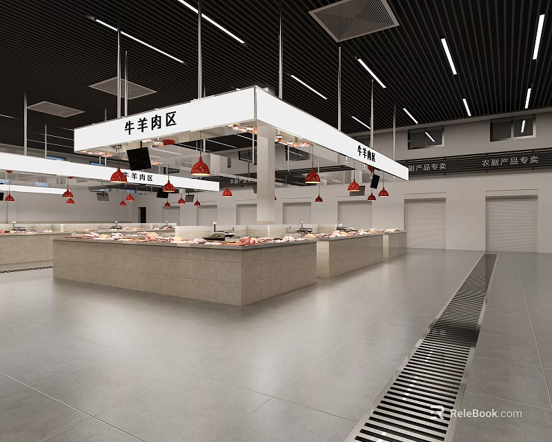 Supermarket Fresh Beef Section With Display Counters And Red Pendant Lights 3d model