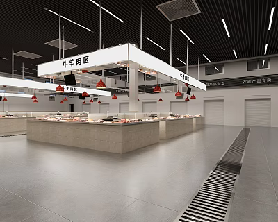 Supermarket Fresh Beef Section With Display Counters And Red Pendant Lights 3d model